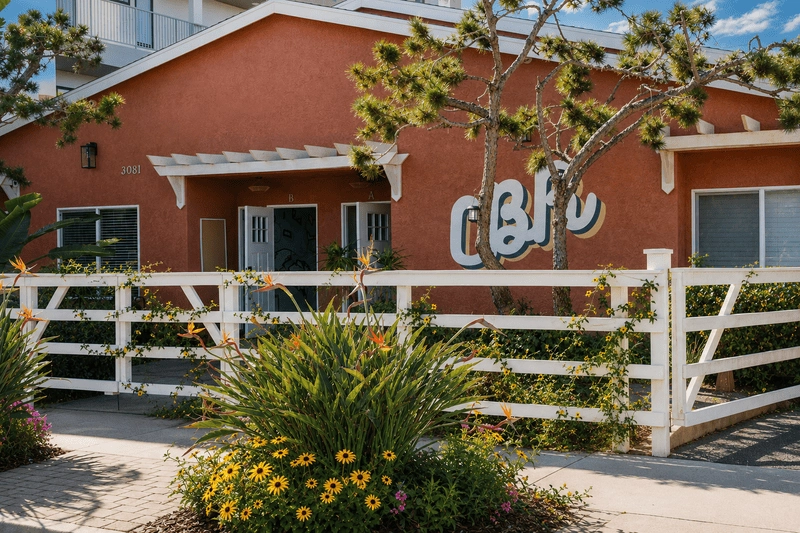 Front view of Carlsbad Beach recovery barn with CBR on the barn.