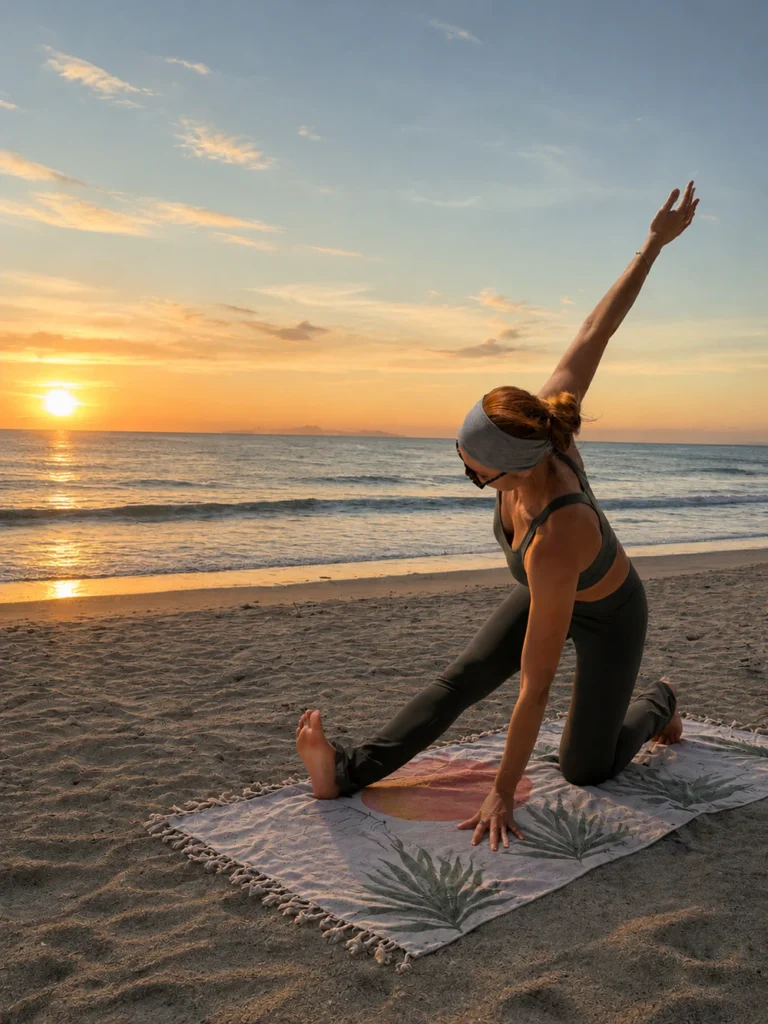 A woman on the beach doing yoga therapy.