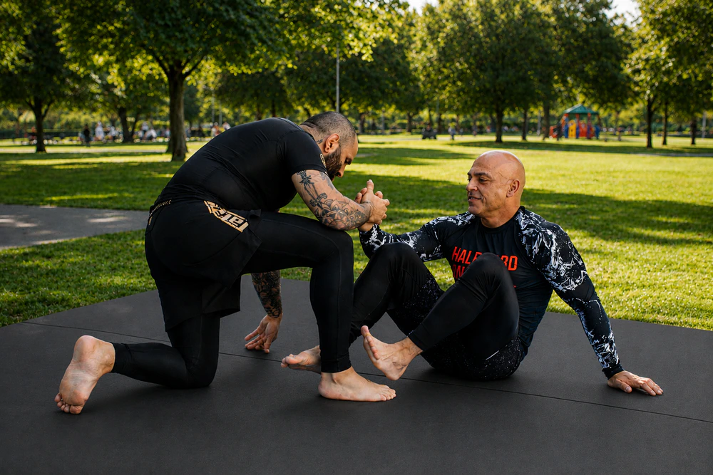 Two men training mixed martial arts on a mat in a field.