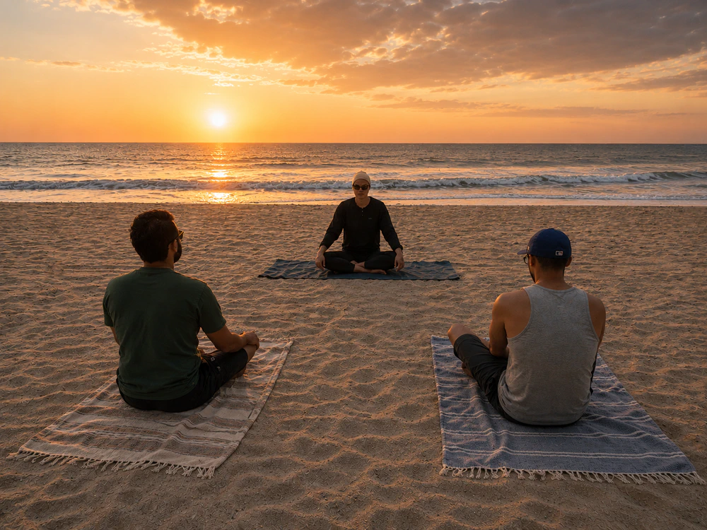 yoga group therapy at the beach